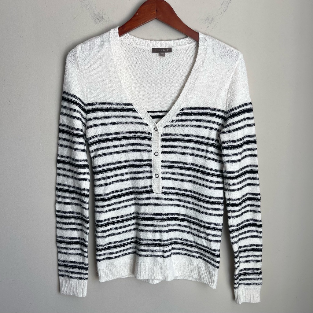 Anthropologie Lilla P White Black Striped V-Neck Henley Pullover Sweater Size Xs